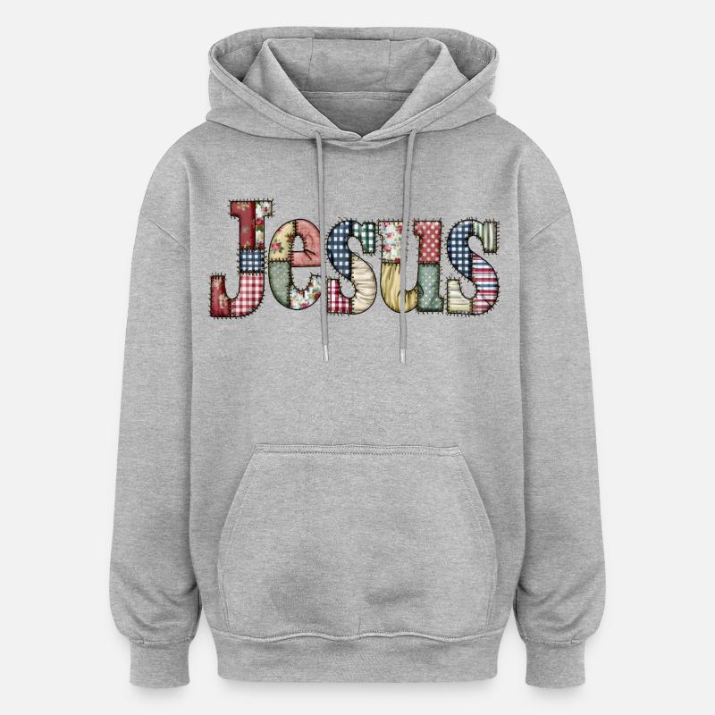 Patchwork Jesus Schriftzug - Oversized Unisex Hoodie - Grau meliert