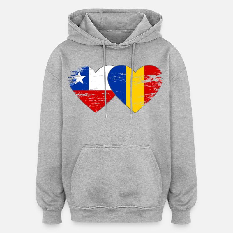 Cœur du drapeau Chili-Roumanie utilisé - Sweat à capuche oversize unisexe - gris chiné