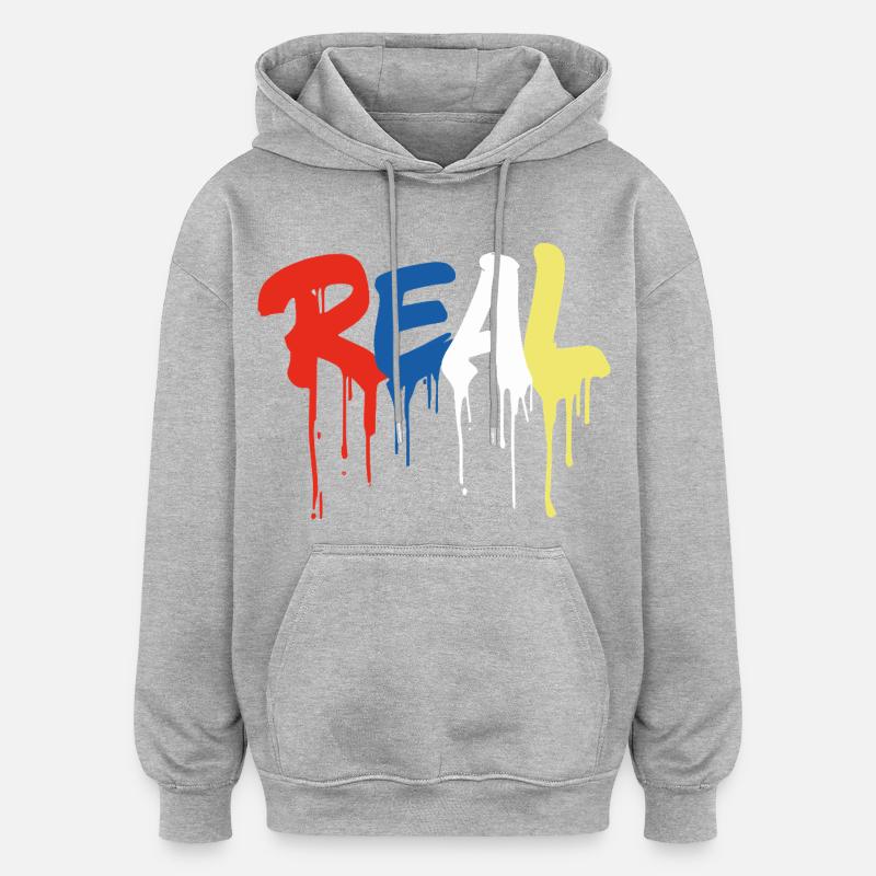 Graffiti-Style "REAL" - bunter tropfender Buchstabe - Oversized Unisex Hoodie - Grau meliert