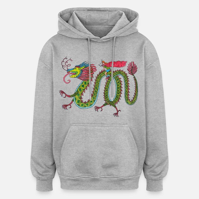 Drache mit lesendem Reiter - Oversized Unisex Hoodie - Grau meliert