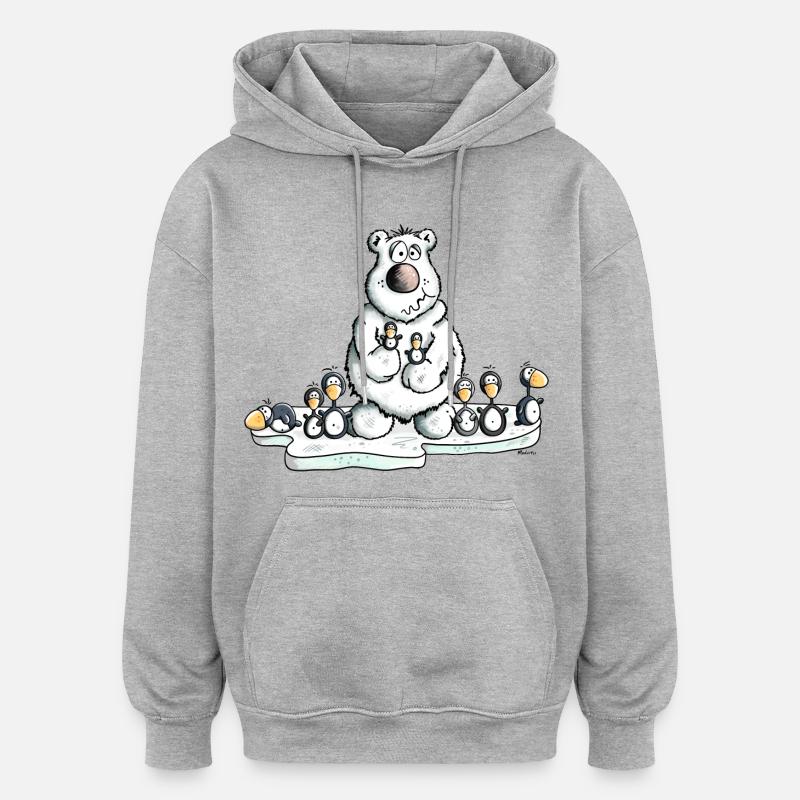 Eisbär mit Pinguinen - Oversized Unisex Hoodie - Grau meliert