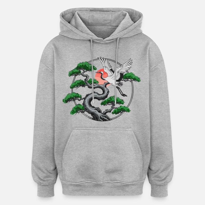 Cranes & Twisted Pine Tree - Oversized Unisex Hoodie - heather grey