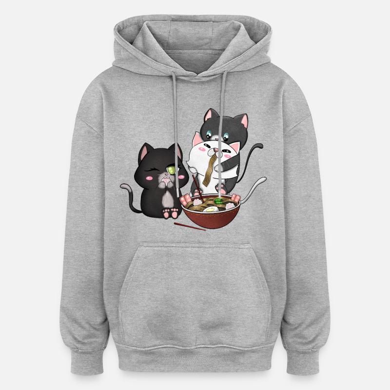 chats mangeant des ramen - Sweat à capuche oversize unisexe - gris chiné