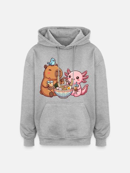 Kawaii Capybara Axolotl Ramen Bubble Tea - Oversized Unisex Hoodie - heather grey