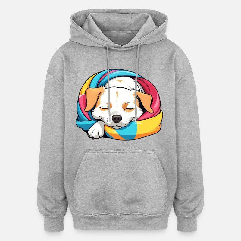 Chiot endormi Écharpe arc-en-ciel - Sweat à capuche oversize unisexe - gris chiné