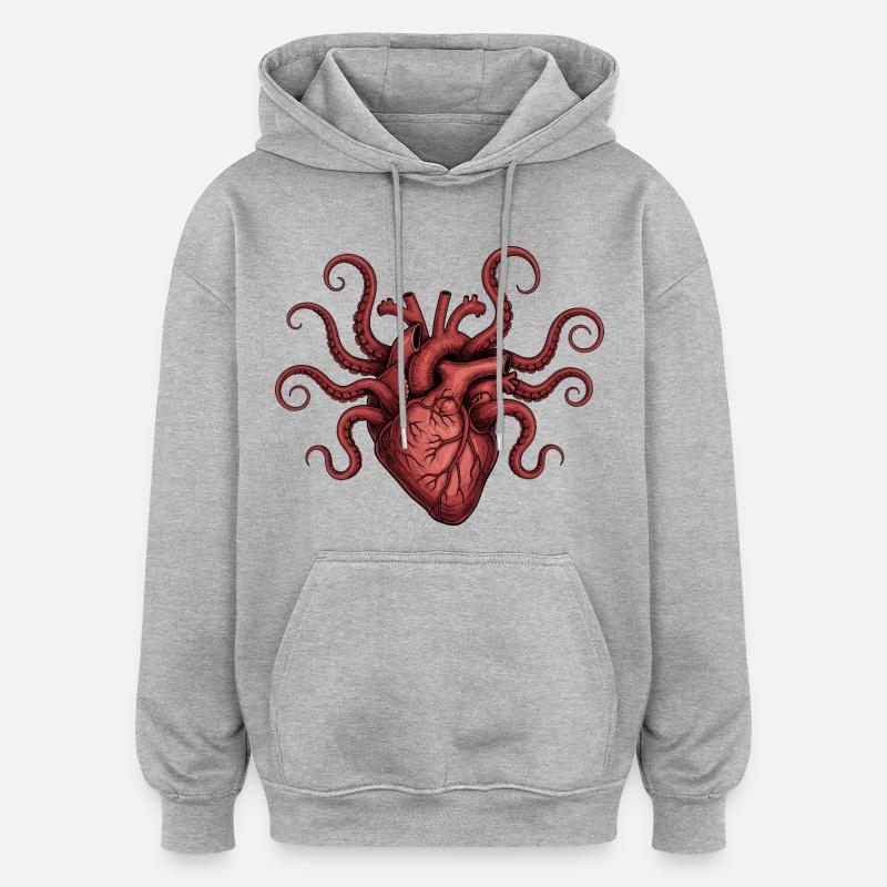 Illustration de pieuvre de cœur - Sweat à capuche oversize unisexe - gris chiné