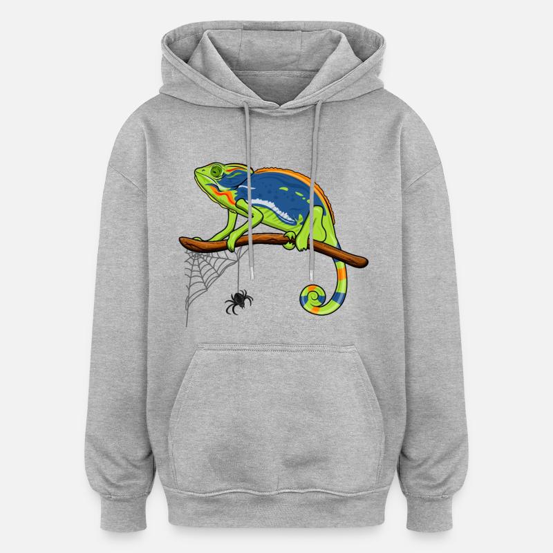 Chamäleon auf Ast mit Spinnennetz - Oversized Unisex Hoodie - Grau meliert