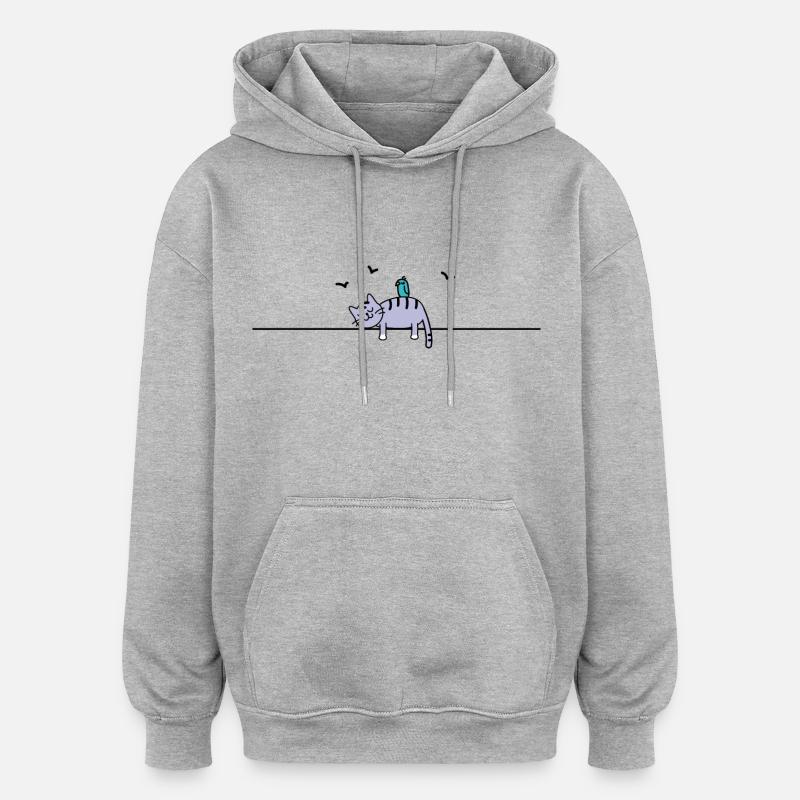 Schlafende Katze mit Vogel - Sweat à capuche oversize unisexe - gris chiné