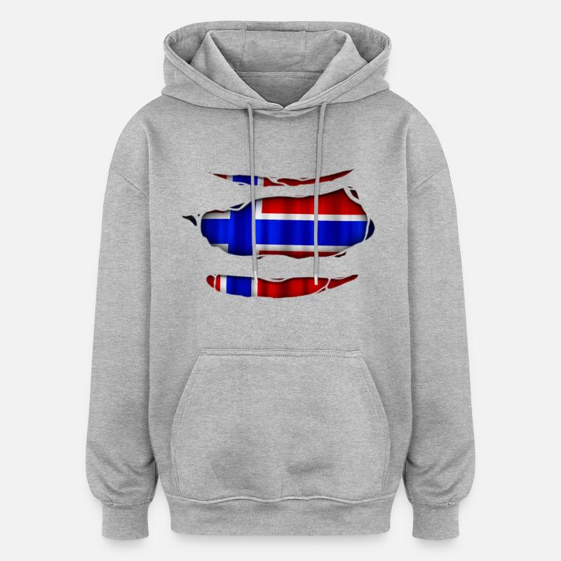 Norvège Drapeau Ripped 017 - Sweat à capuche oversize unisexe - gris chiné