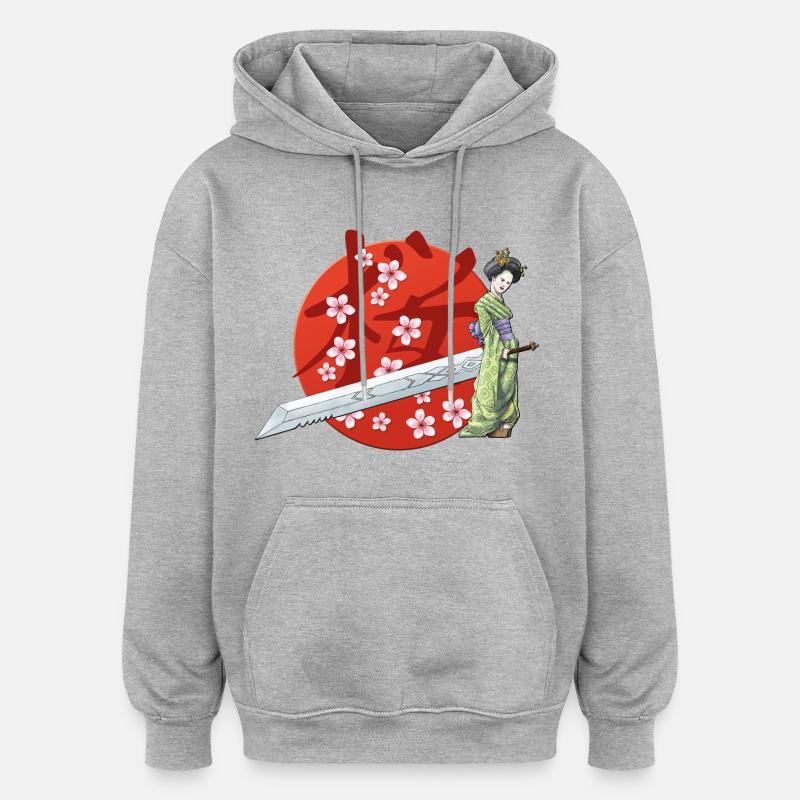 Sakura geisha avec l'épée - Sweat à capuche oversize unisexe - gris chiné