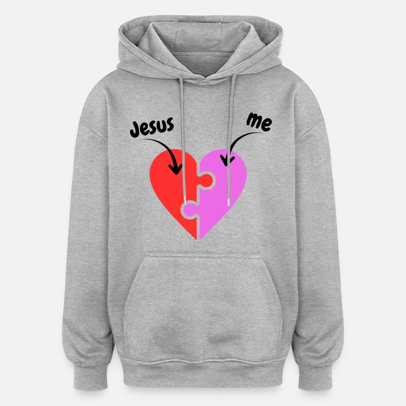 Jésus et moi - Cœur - Puzzle - Christian - Sweat à capuche oversize unisexe - gris chiné