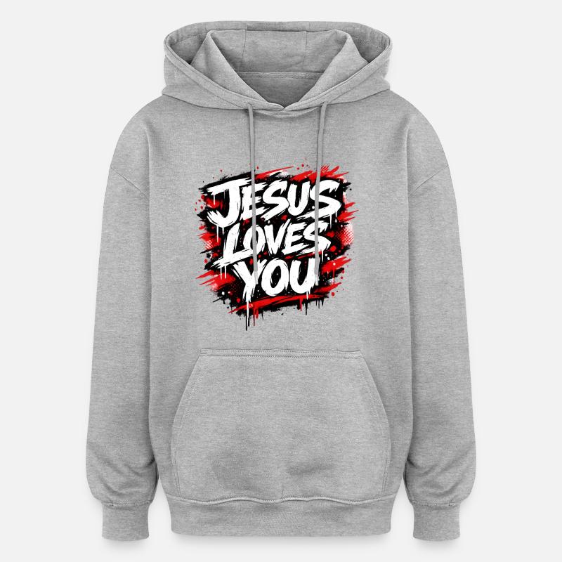 Déclaration de graffiti Jésus t’aime - Sweat à capuche oversize unisexe - gris chiné