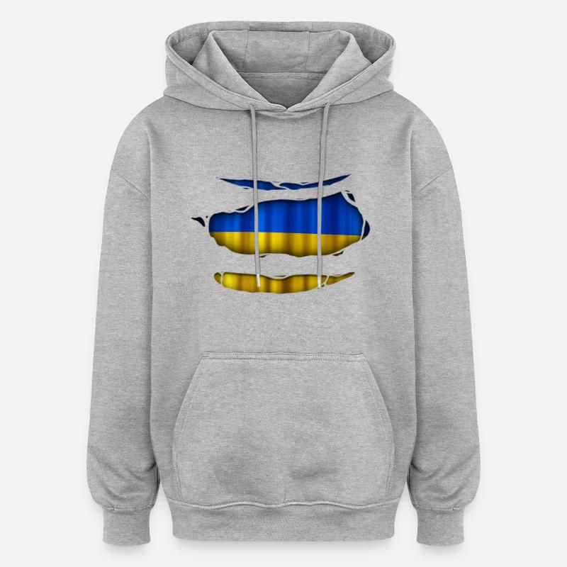 Ukraine Drapeau Ripped 017 - Sweat à capuche oversize unisexe - gris chiné