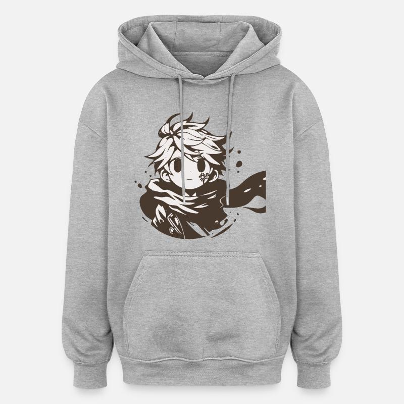 MangaPersonnage avec écharpe marron - Sweat à capuche oversize unisexe - gris chiné