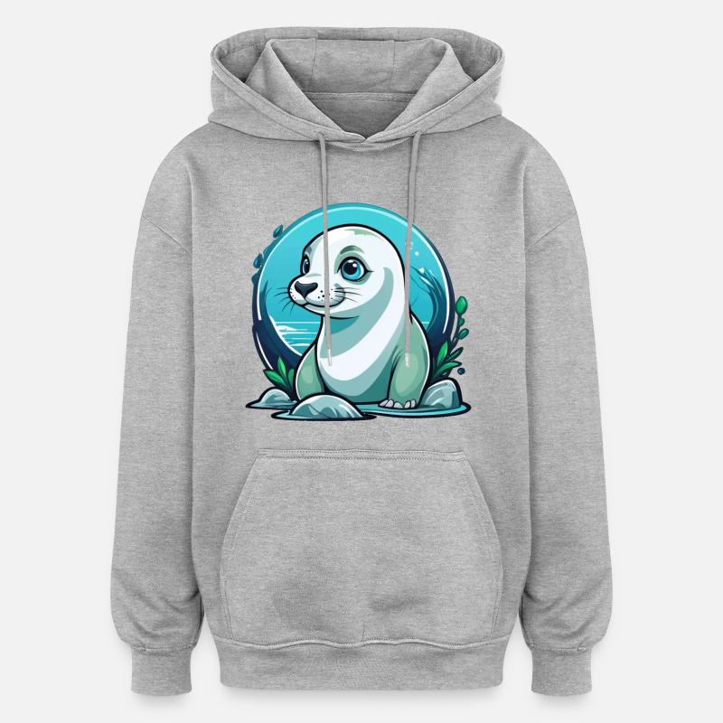 Junge Robbe auf Entdeckertour - Oversized Unisex Hoodie - Grau meliert