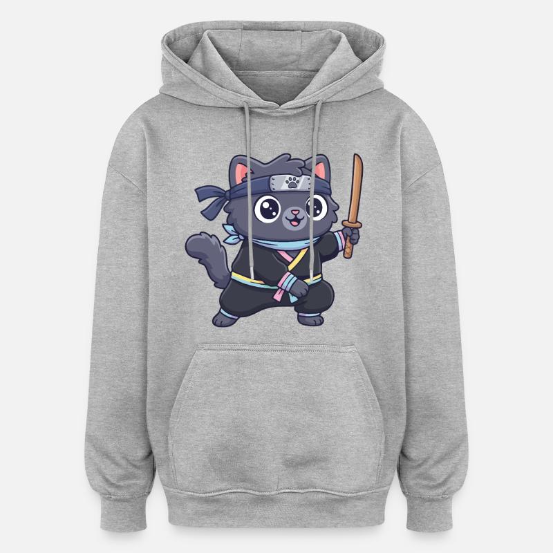 Chat ninja en costume de samouraï - Sweat à capuche oversize unisexe - gris chiné