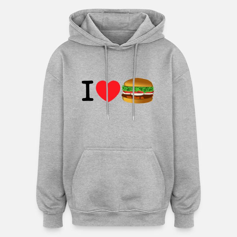 J'adore les hamburgers - Sweat à capuche oversize unisexe - gris chiné