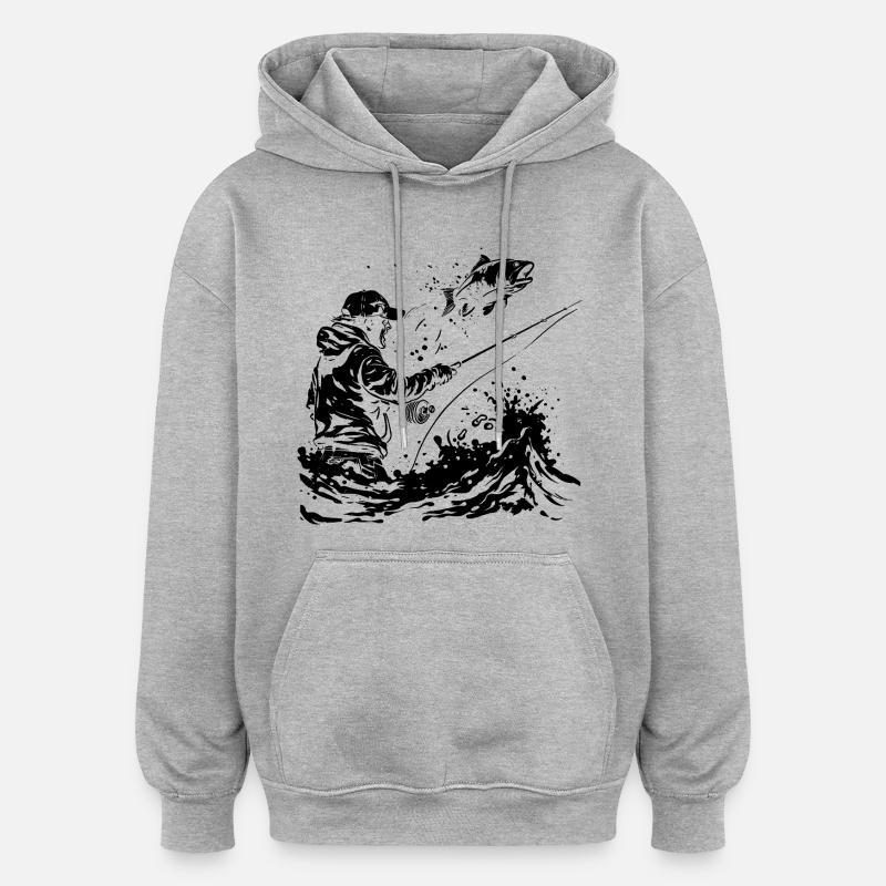 Dessin de pêche - Sweat à capuche oversize unisexe - gris chiné