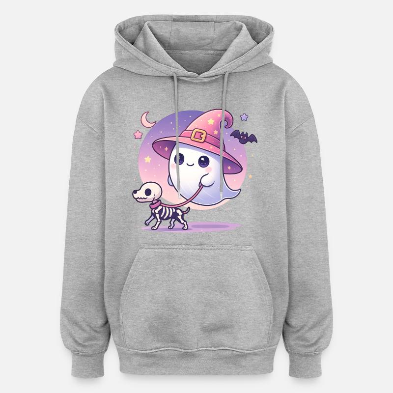 Pinker Hexen‑Geist mit Skelett‑Hund – Halloween - Oversized Unisex Hoodie - Grau meliert