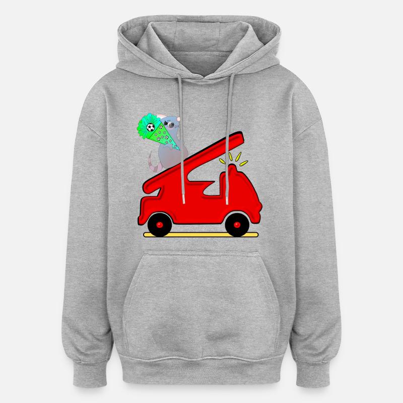 SCHULKIND EINSCHULUNG FEUERWEHRAUTO MAUS - Oversized Unisex Hoodie - Grau meliert