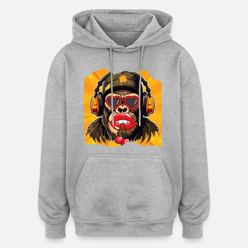 Singe et cerise - Sweat à capuche oversize unisexe - gris chiné