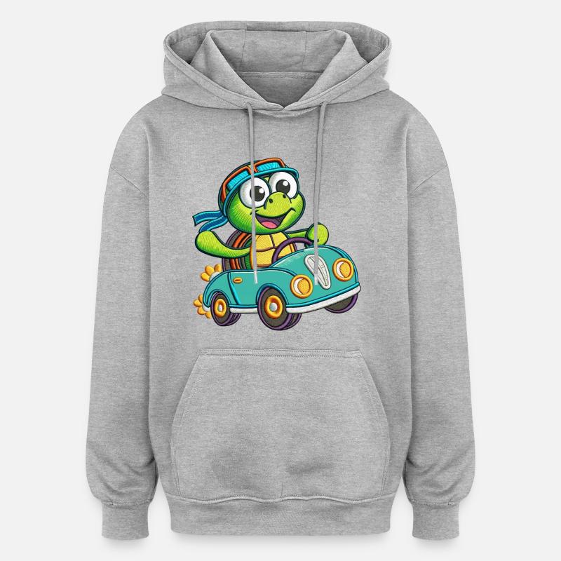 Tortue aventureuse conduisant une voiture - Sweat à capuche oversize unisexe - gris chiné