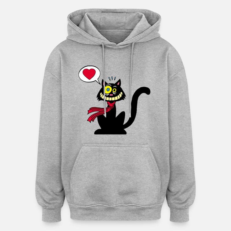 Chat noir amoureux - Sweat à capuche oversize unisexe - gris chiné