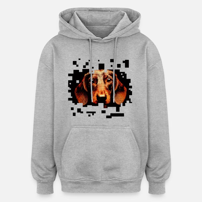 Teckel à poil dur pixelart - Sweat à capuche oversize unisexe - gris chiné