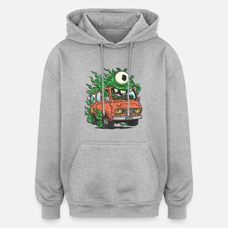 Monstre vert dans un fourgon rétro - Sweat à capuche oversize unisexe - gris chiné