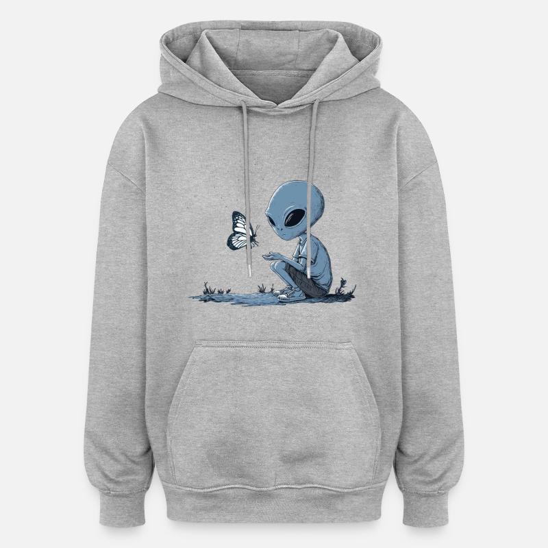 Un extraterrestre et un papillon mignons - Sweat à capuche oversize unisexe - gris chiné