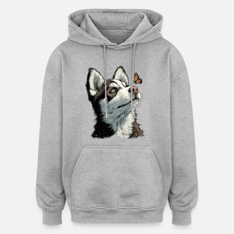 Chiot husky curieux et papillon - Sweat à capuche oversize unisexe - gris chiné
