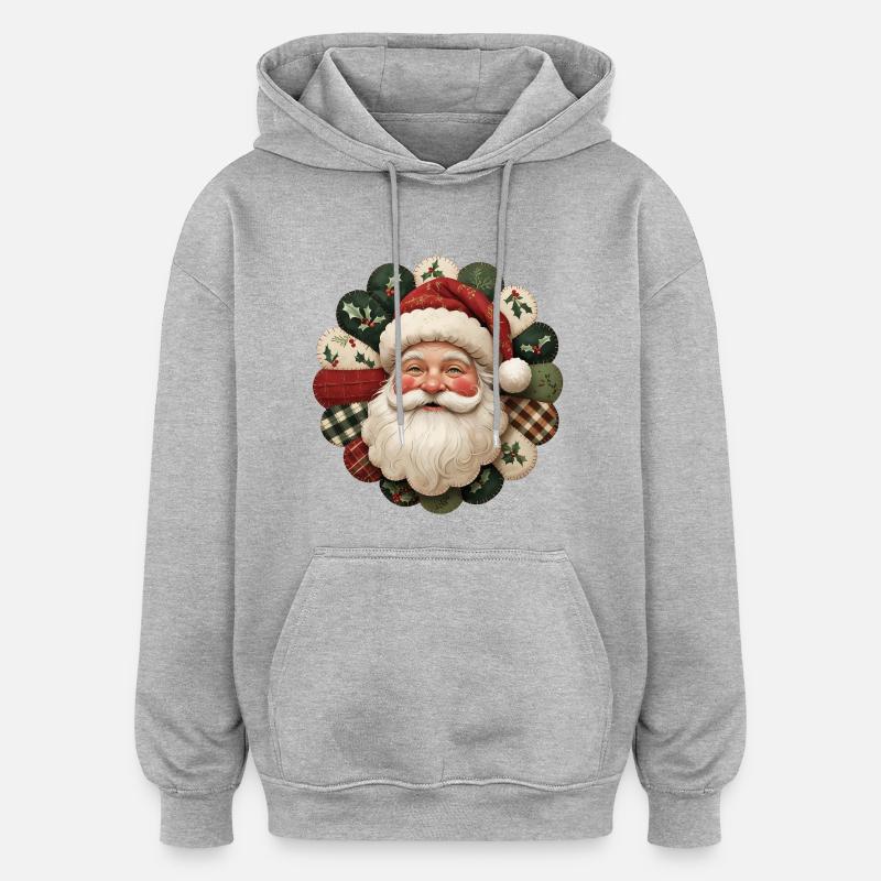 Patchwork Weihnachtsmann Motiv - Oversized Unisex Hoodie - Grau meliert