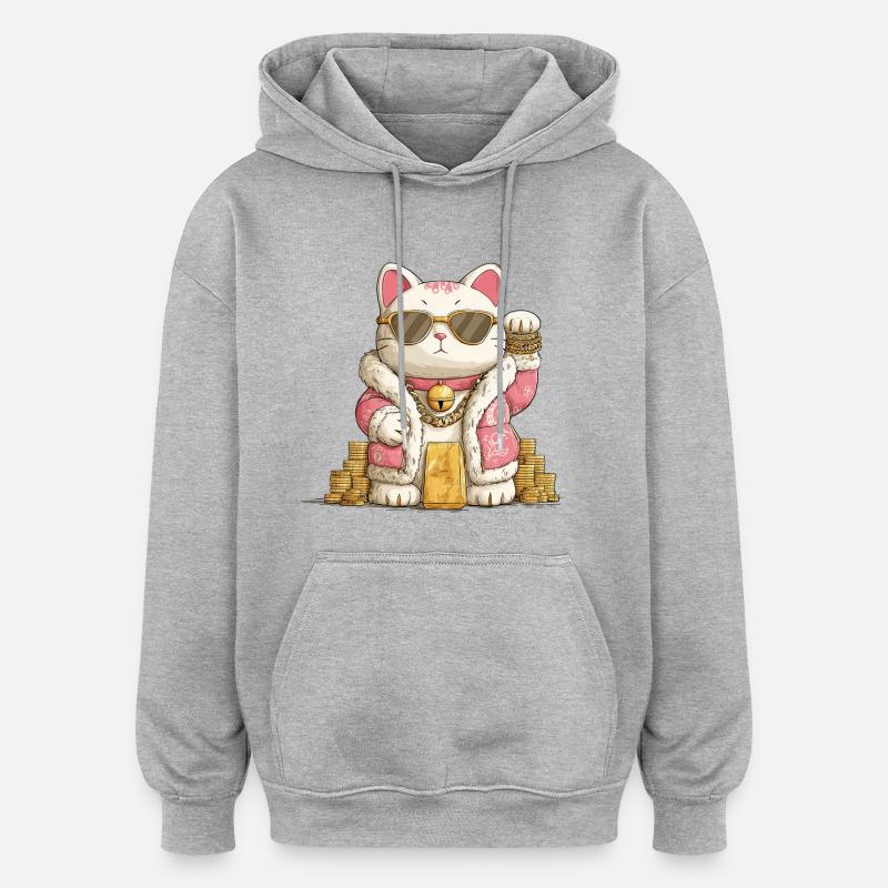 Maneki Neko doré - Sweat à capuche oversize unisexe - gris chiné
