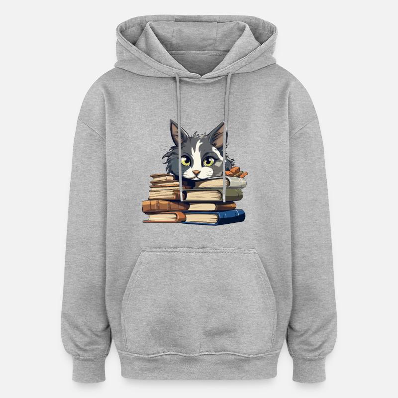 Book Stack Cat Bibliophile - Oversized Unisex Hoodie - heather grey