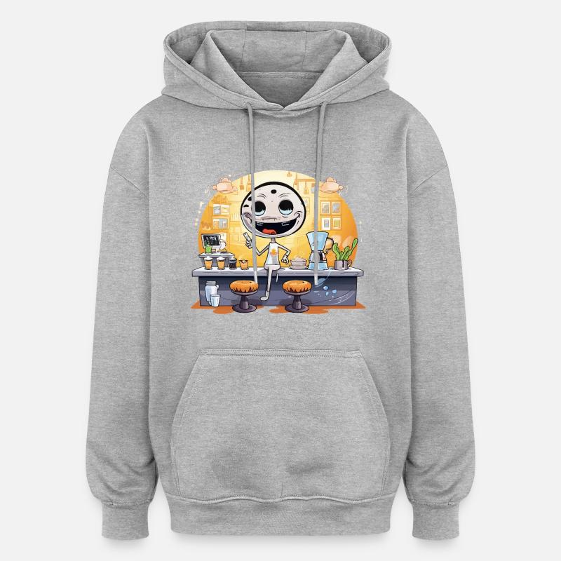 Dessin animé Barista Robot Café - Sweat à capuche oversize unisexe - gris chiné