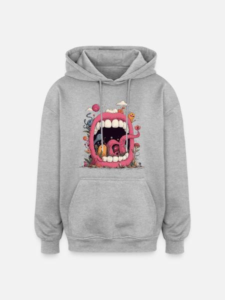 Pink Mouth World with Creatures - Oversized Unisex Hoodie - heather grey