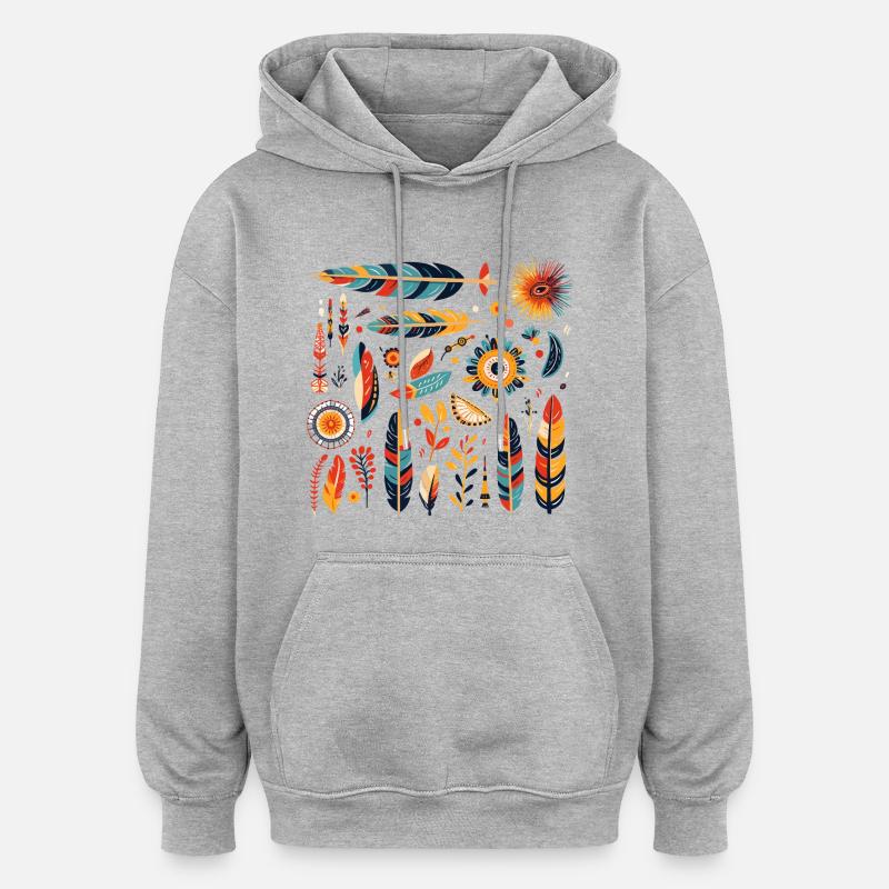 Boho Feather and Flowers Pattern - Oversized Unisex Hoodie - heather grey