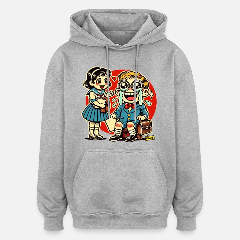 Retro Schulkinder mit Herz Hintergrund - Oversized Unisex Hoodie - Grau meliert