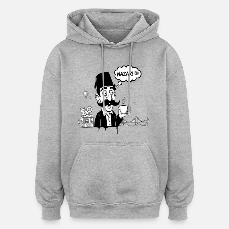 Moustachu au fez et Nazar Café - Sweat à capuche oversize unisexe - gris chiné