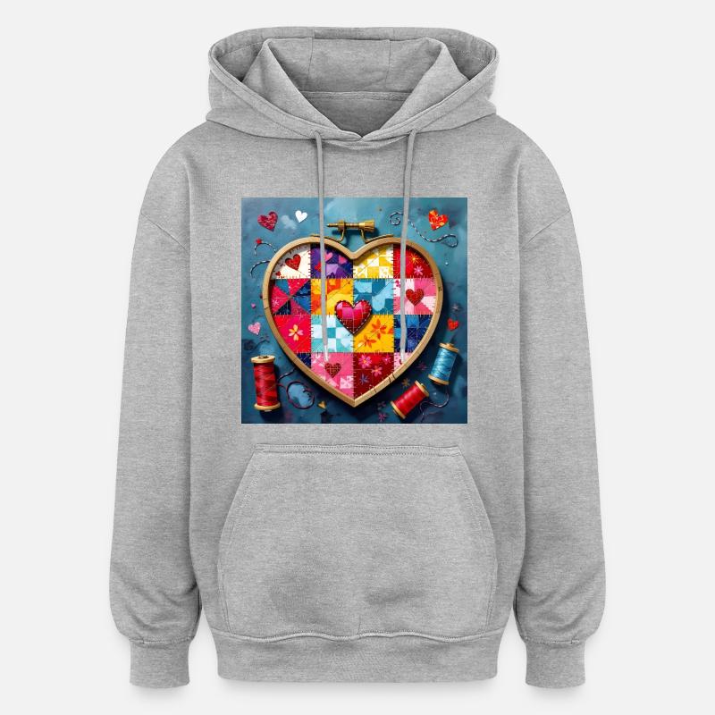Art patchwork en cœur - Sweat à capuche oversize unisexe - gris chiné
