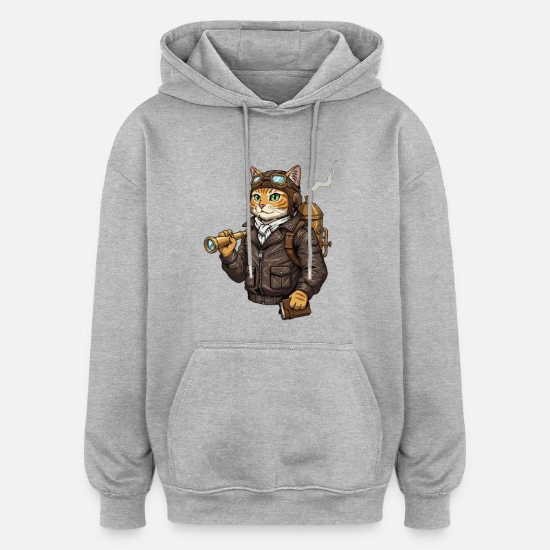 Chat Aviateur Steampunk Explorateur Curiosité - Sweat à capuche oversize unisexe - gris chiné