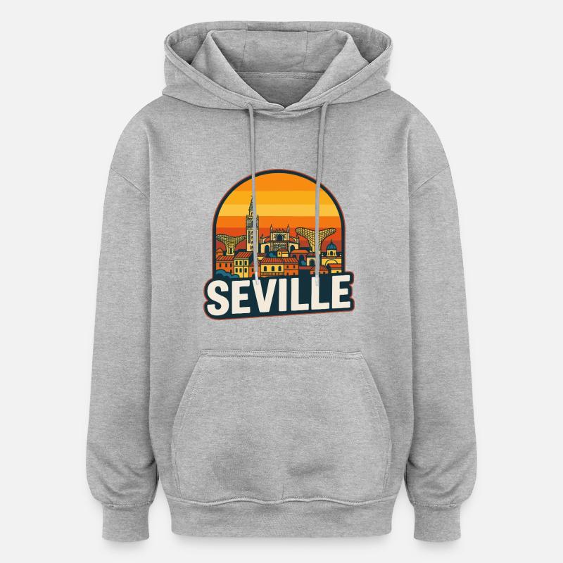Séville, Espagne, design rétro Sunset Skyline - Sweat à capuche oversize unisexe - gris chiné