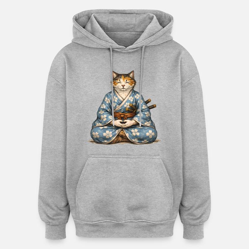 Kimono de méditation Zen Samurai Cat - Sweat à capuche oversize unisexe - gris chiné