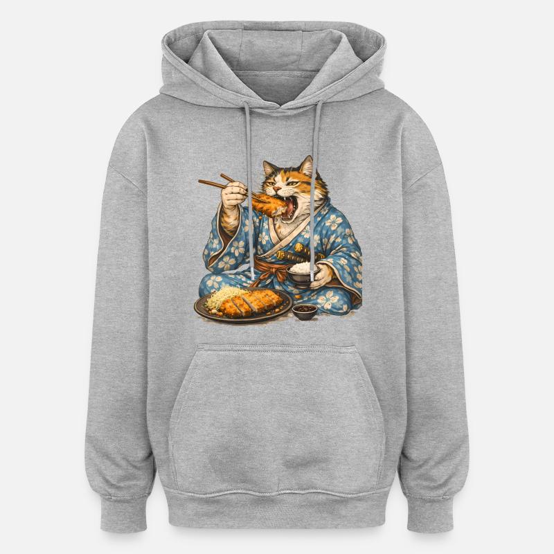 Chat samouraï Tonkatsu Cuisine japonaise Ukiyo-e - Sweat à capuche oversize unisexe - gris chiné