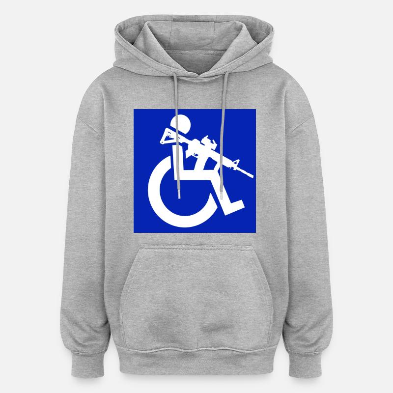 Bild eines Rollstuhlfahrers mit einem Gewehr # - Oversized Unisex Hoodie - Grau meliert