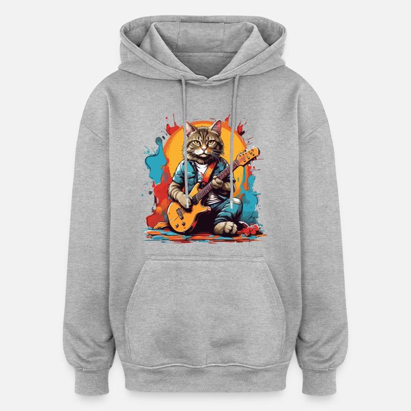 Chat avec guitare - Sweat à capuche oversize unisexe - gris chiné