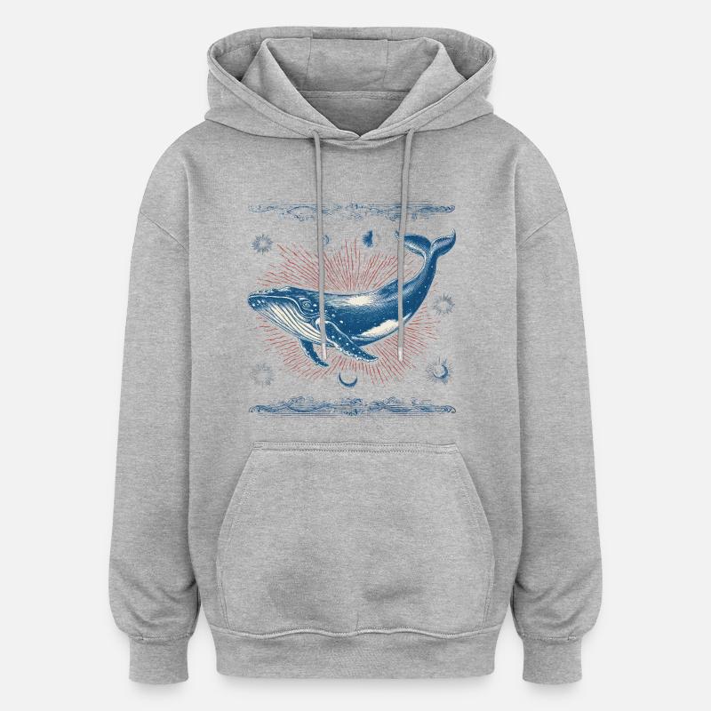 Baleine rétro mystique dans le cosmos - Sweat à capuche oversize unisexe - gris chiné