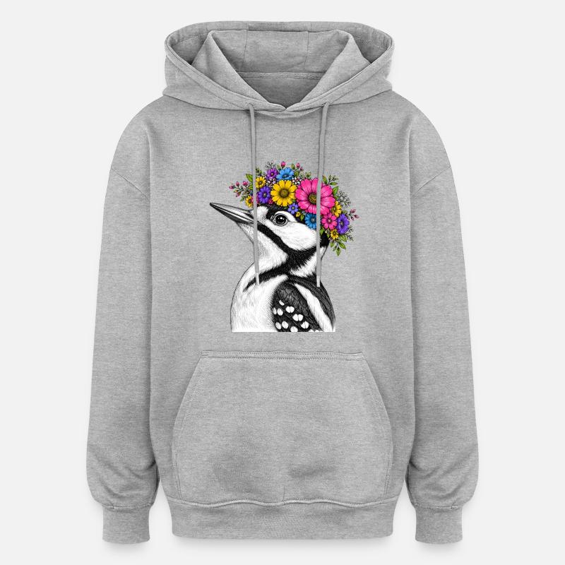 Oiseau à la couronne de fleurs - Sweat à capuche oversize unisexe - gris chiné