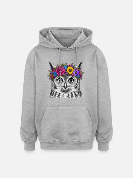 Eulenkopf mit Blumenkrone - Oversized Unisex Hoodie - Grau meliert