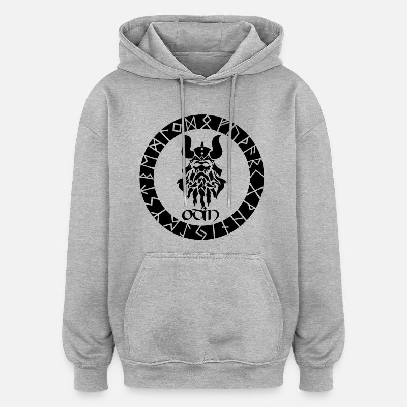 Dieu Odin et runes vikings noires - Sweat à capuche oversize unisexe - gris chiné